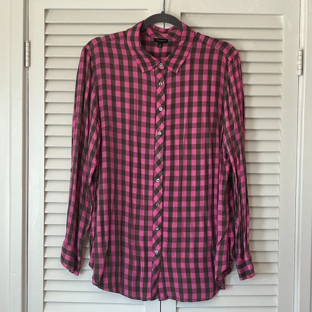 Talbots buttondown XL plaid pink green check